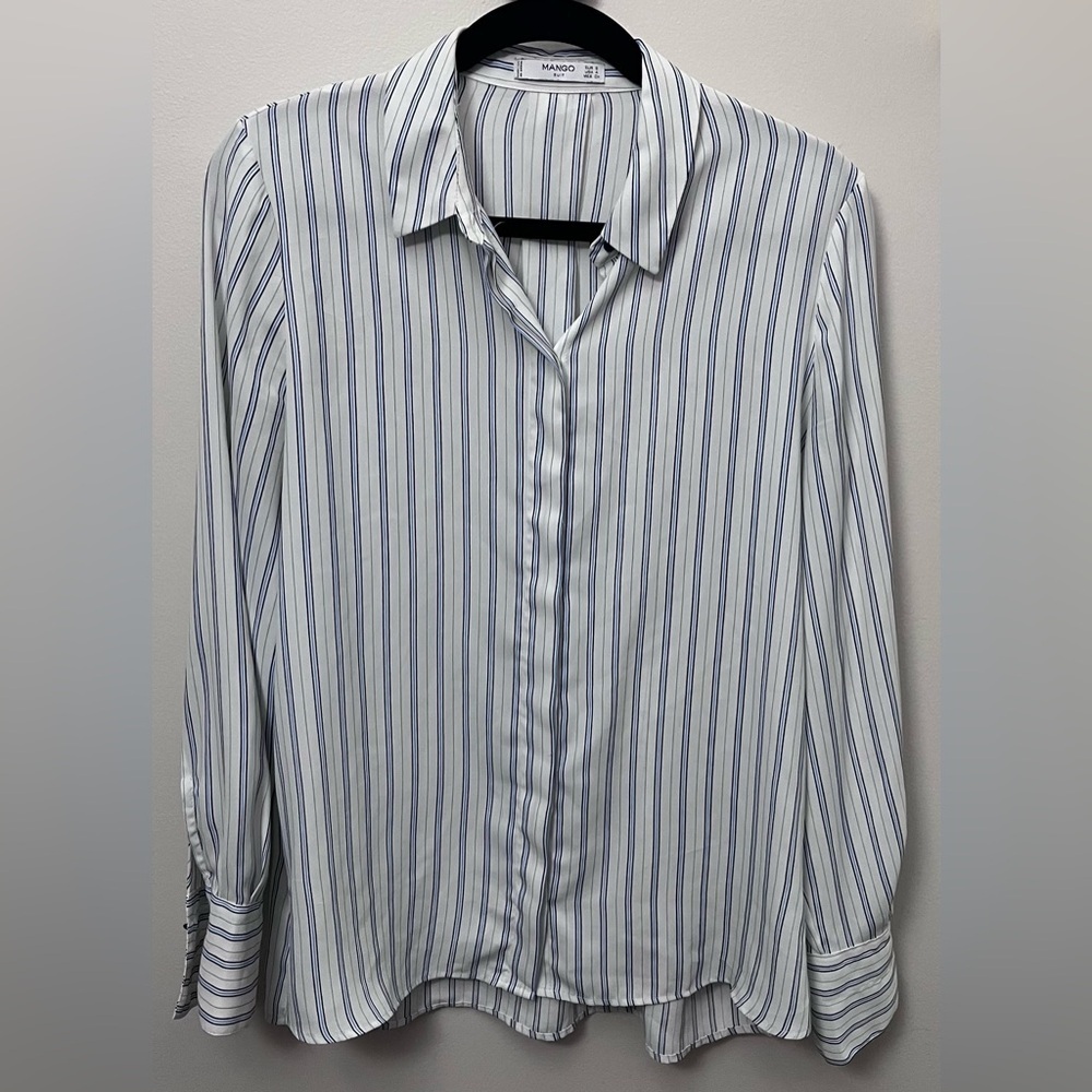 Mango Women’s White and Blue Striped Button Down Shirt